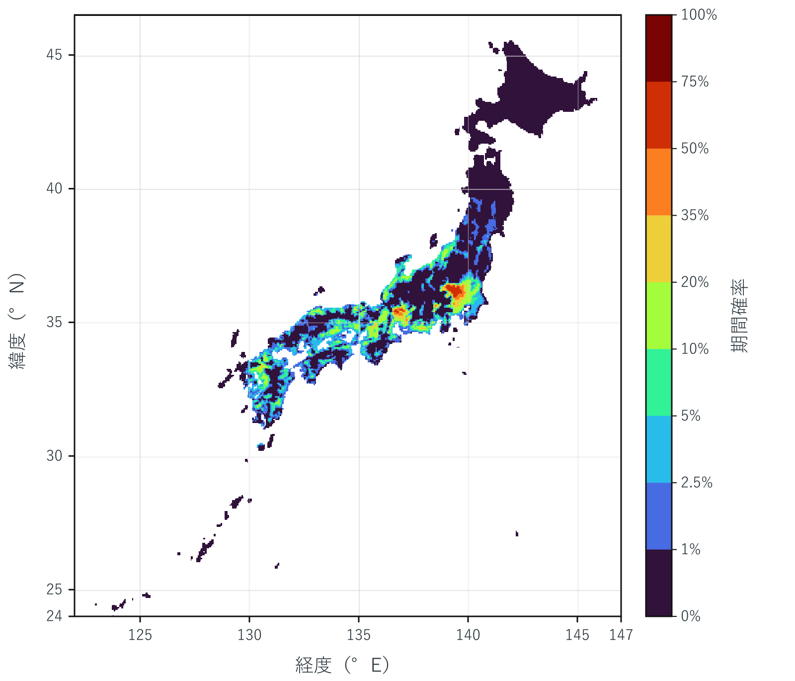 2026～2030年に酷暑日を1回以上記録する確率マップ