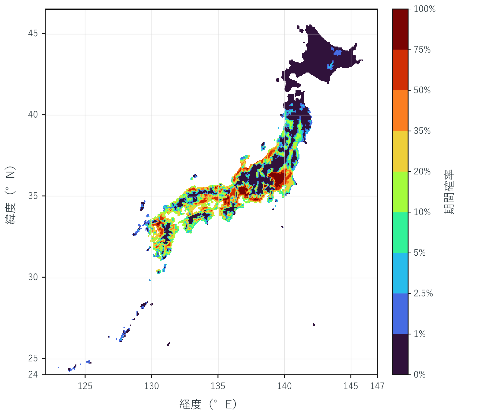 2026～2050年に酷暑日を1回以上記録する確率マップ
